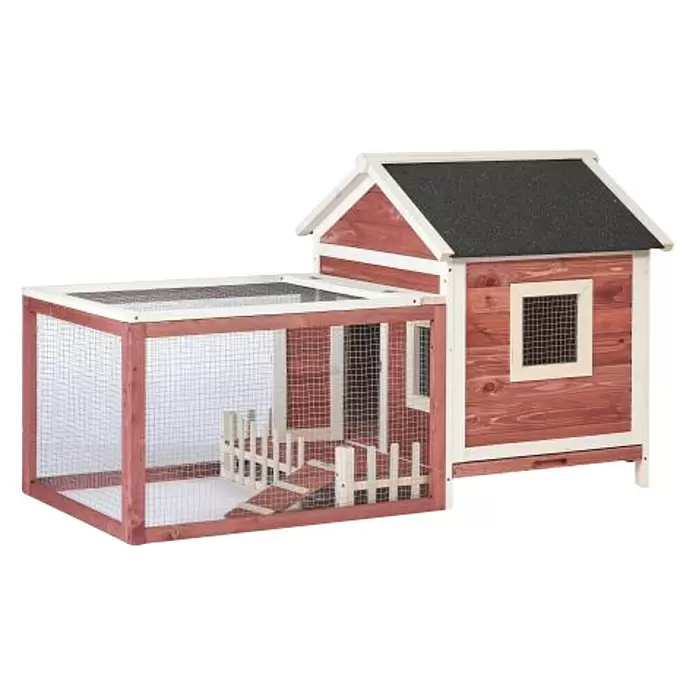 Kleintierstall - L x B x H: 145 x 74 x 82 cm, Braun/Weiß - Diagonale Ansicht