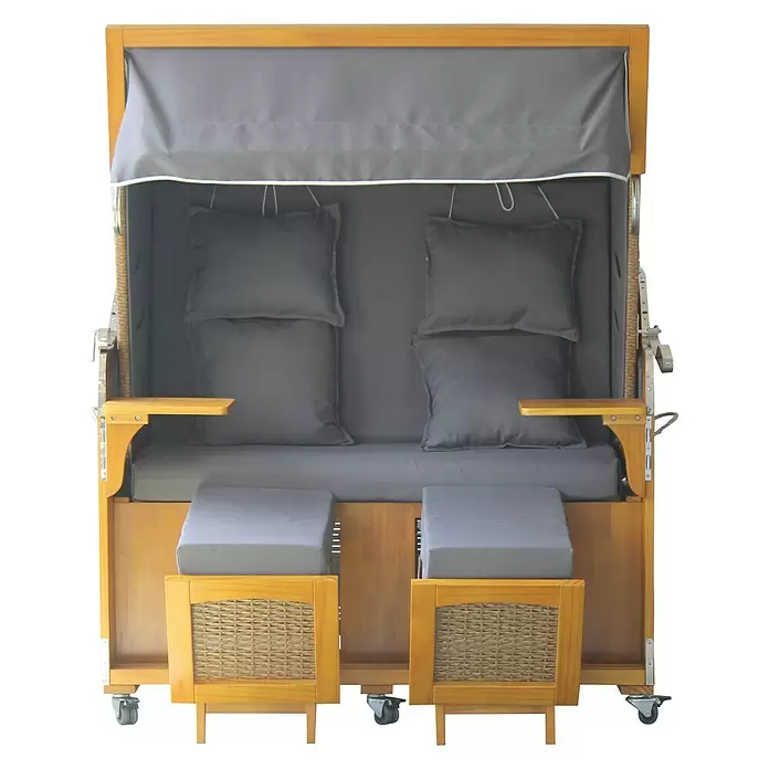 Sunfun Strandkorb Pinie - L x B x H: 130 x 75 x 170 cm, Natur/Blau/Grau - Vorderansicht