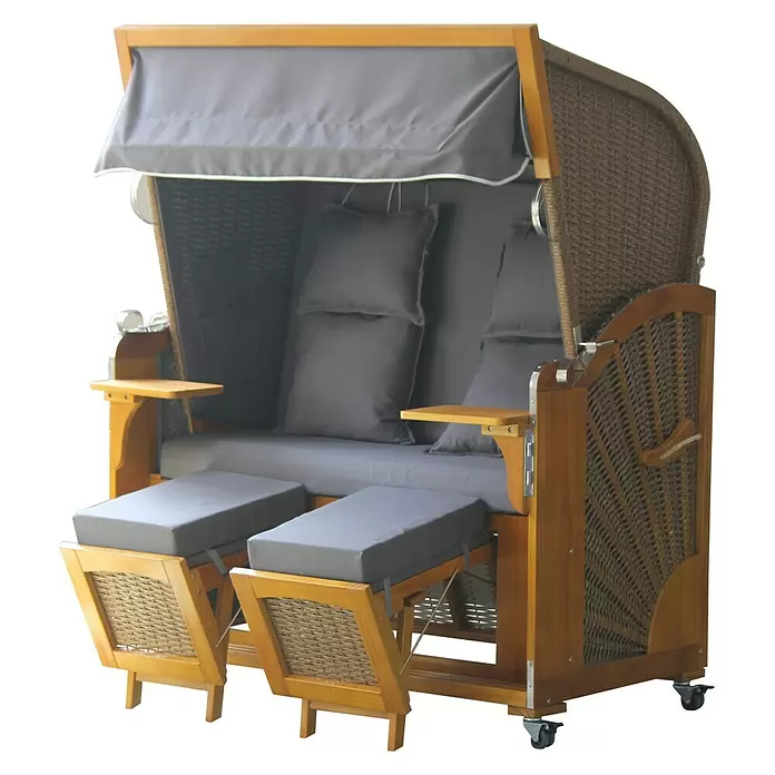 Sunfun Strandkorb Pinie - L x B x H: 130 x 75 x 170 cm, Natur/Blau/Grau - Diagonale Ansicht