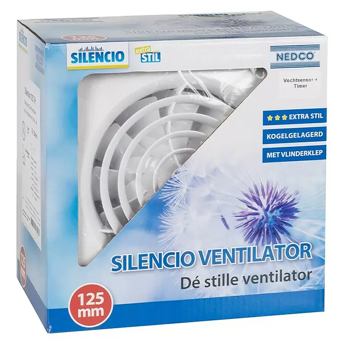 Nedco Ventilator badkamer Silencio 125TH - Wit, Diameter aansluitstukken: 125 mm, b x h: 182 x 182 mm - Diagonaal zicht