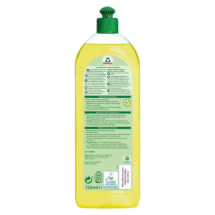 Frosch Limpiador lavavajillas eco bálsamo Limón - 750 ml, Botella - Vista trasera