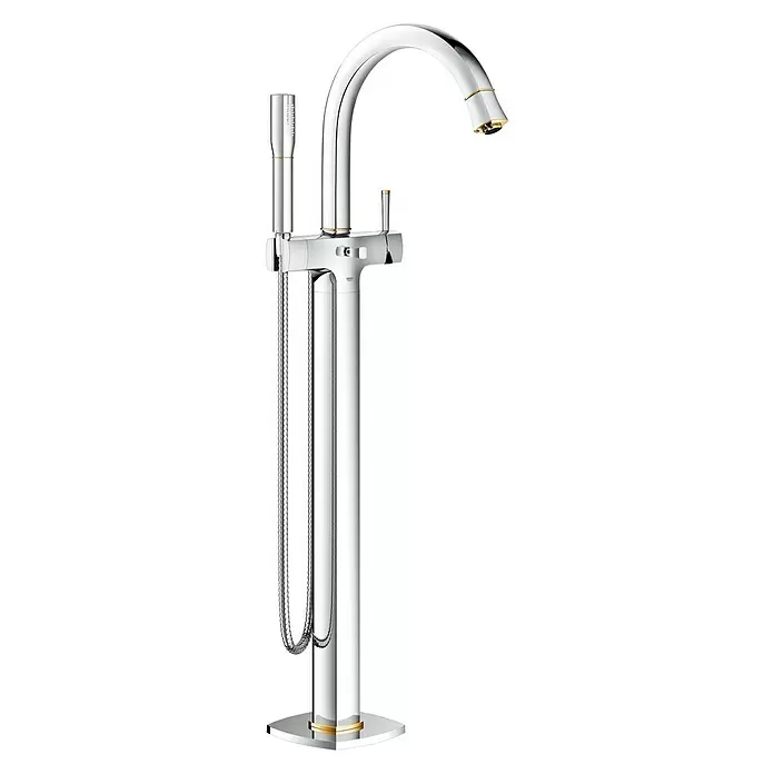 Grohe Grandera Wannenstandarmatur - Höhe: 110,3 cm, Chrom/Gold, Glänzend - Diagonale Ansicht
