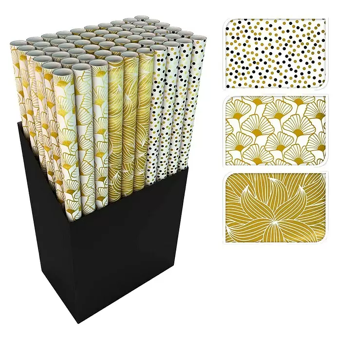 Cadeaupapier - 200 x 70 cm, Goud, Bloem - Diagonaal zicht