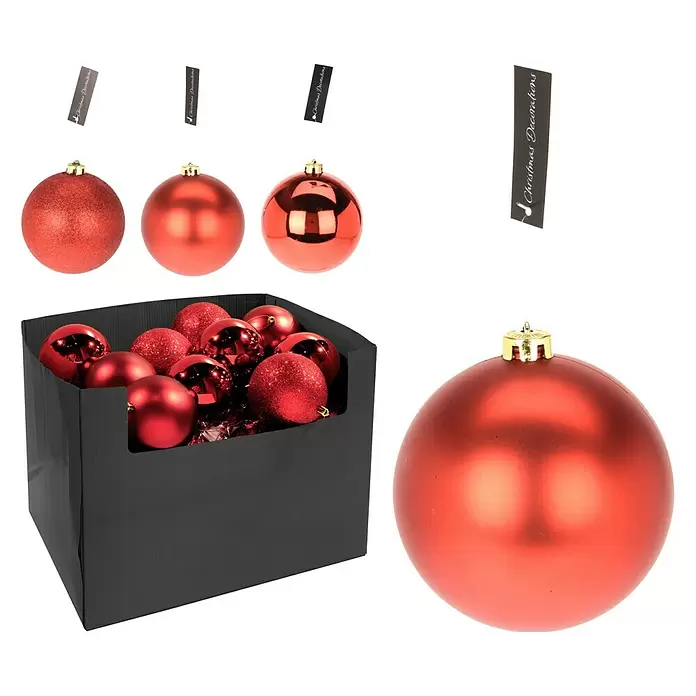 Kerstbal - Diameter: 10 cm, Rood, Kunststof - Diagonaal zicht