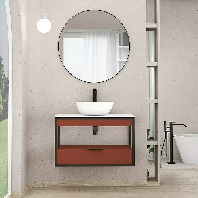 Conjunto de mueble de baño Izaro - 80 cm, 3 piezas, Teja/Blanco, Mate - Foto ambiente