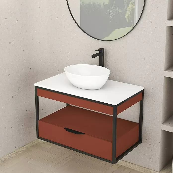 Conjunto de mueble de baño Izaro - 80 cm, 3 piezas, Teja/Blanco, Mate - Foto ambiente