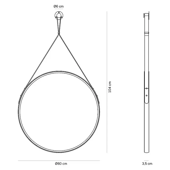 Espejo redondo Black Belt 60 - Diámetro: 60 cm, Negro - Dibujo técnico