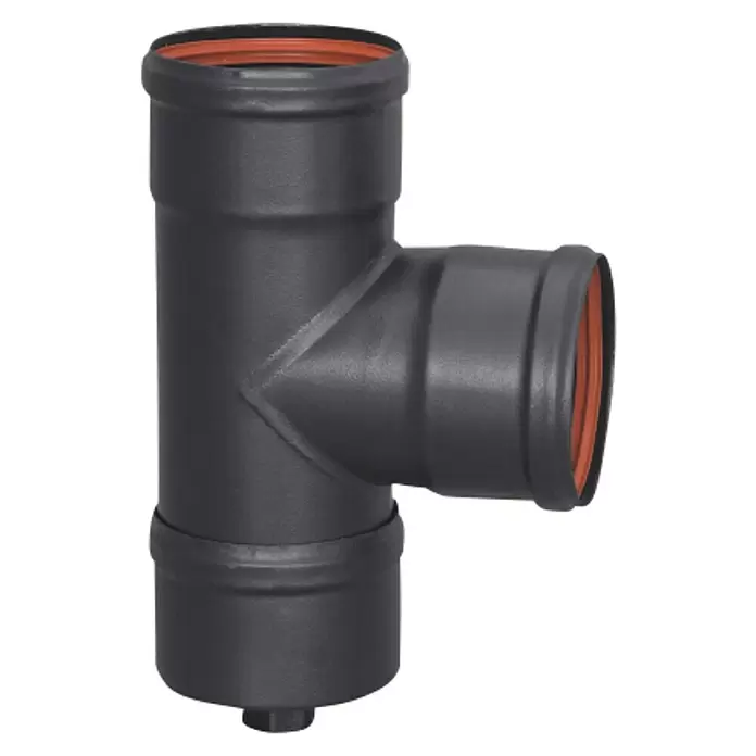Practic T para pellets 90º M-H-H con tapón purga - Diámetro: 80 mm, Negro - Vista de perfil derecho