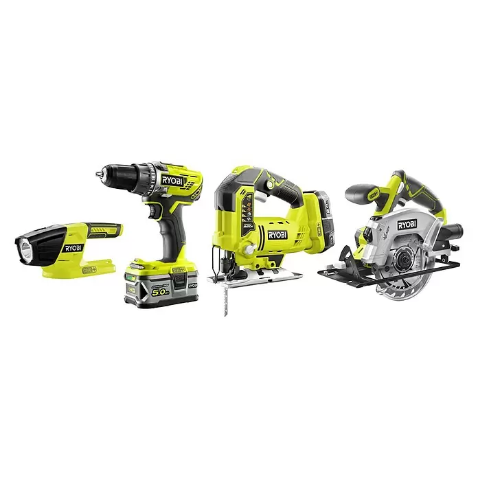 Ryobi ONE+ Machineset ONE+ R18CK4A-252S - 18 V, 2 accu's, 2 Ah - 5 Ah, Inhoud: 7 -delig - Diagonaal zicht