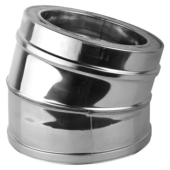 Nedco Kachelpijpbocht Dubbelwandig 15° - Diameter: 150 mm, 15 °, Geborsteld RVS - Diagonaal zicht