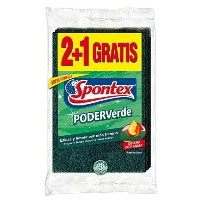 Spontex Estropajo Poder Verde 2+1 - 3 uds., Fibra no tejida - Vista frontal