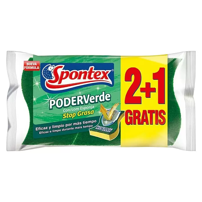 Spontex Estropajo Poder Verde esponja 2+1 - 3 uds., Fibra no tejida - Vista frontal