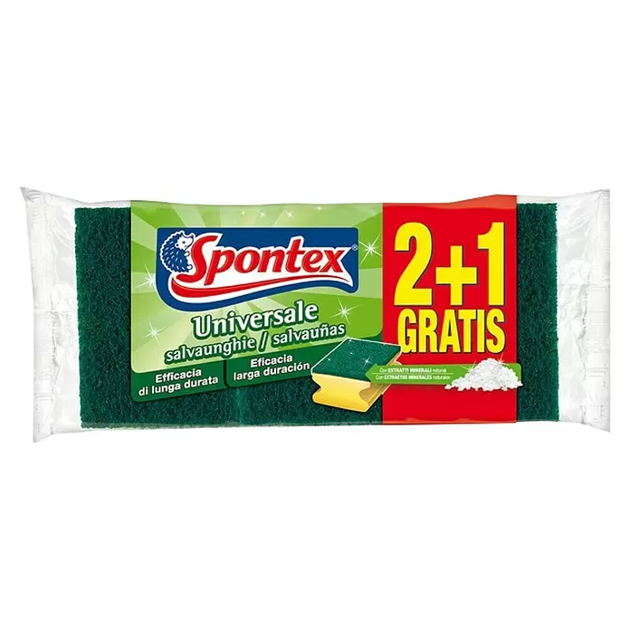 Spontex Estropajo 2 + 1 salvauñas - 3 uds., Fibra no tejida - Vista frontal