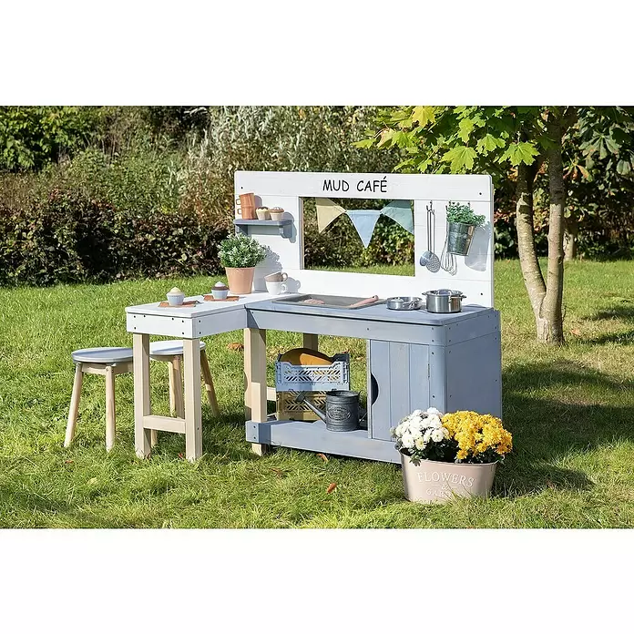 Muddy Buddy Matschküche Mud Café - 100 x 71,5 x 110 cm, Zypresse, Weiß/Wolkengrau - Stimmungsaufnahme