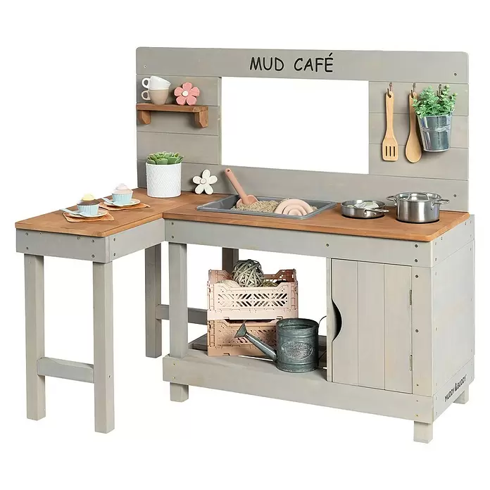 Muddy Buddy Matschküche Mud Café - 100 x 71,5 x 110 cm, Zypresse, Warmgrau - Diagonale Ansicht