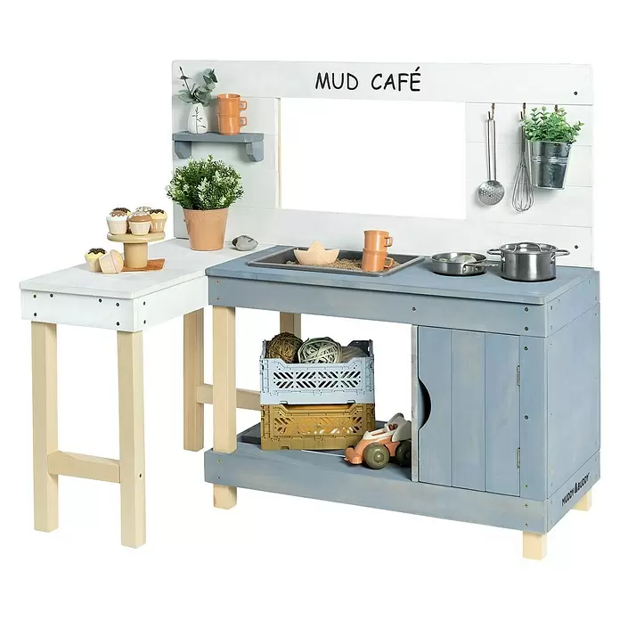 Muddy Buddy Matschküche Mud Café - 100 x 71,5 x 110 cm, Zypresse, Weiß/Wolkengrau - Diagonale Ansicht