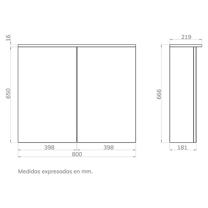 Armario con espejo LED - An x Al: 80 x 66,6 cm, Melamina, Olmo - Dibujo técnico