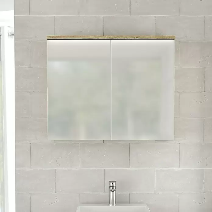 Armario con espejo LED - An x Al: 80 x 66,6 cm, Melamina, Olmo - Foto ambiente