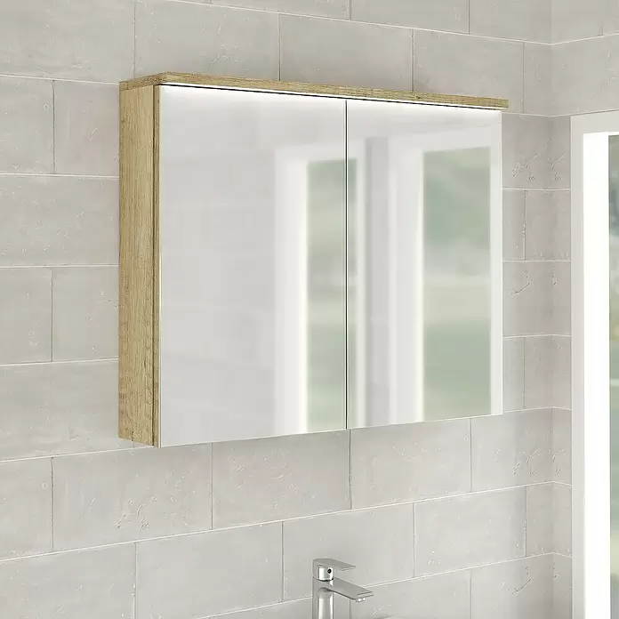 Armario con espejo LED - An x Al: 80 x 66,6 cm, Melamina, Olmo - Foto ambiente