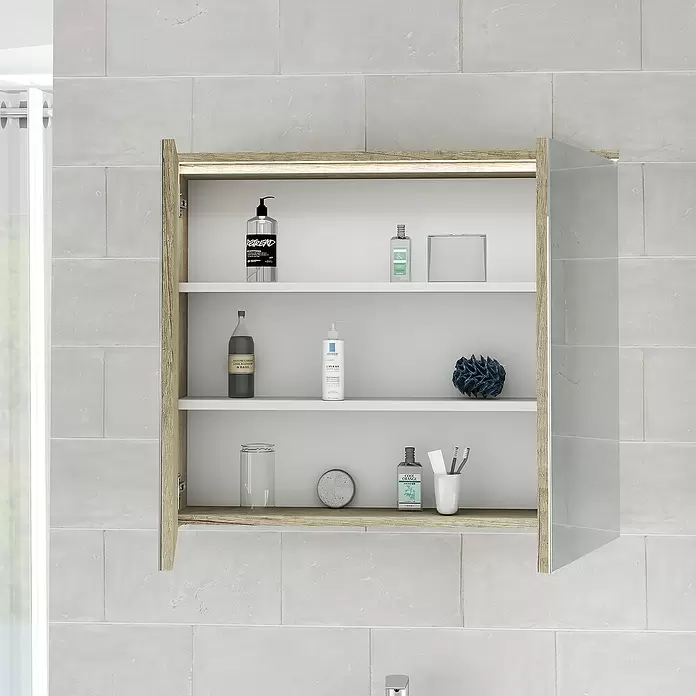 Armario con espejo LED - An x Al: 80 x 66,6 cm, Melamina, Olmo - Foto ambiente