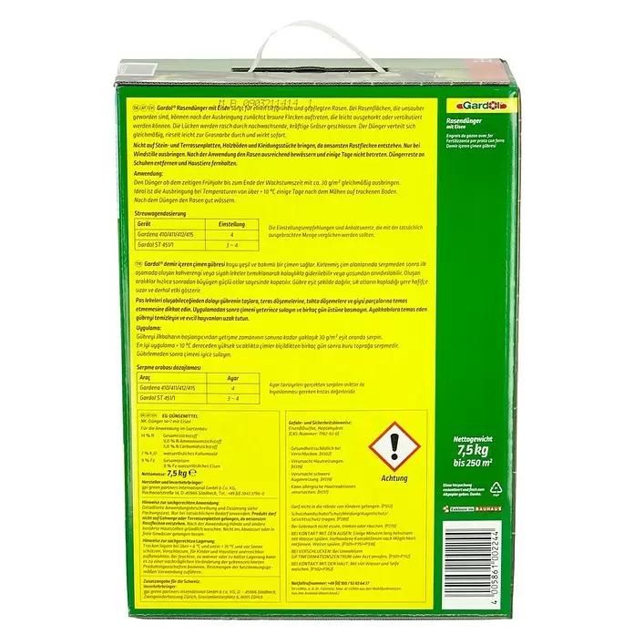 Gardol Rasendünger mit Eisen - 7,5 kg, Inhalt ausreichend für ca.: 250 m² - Rückansicht