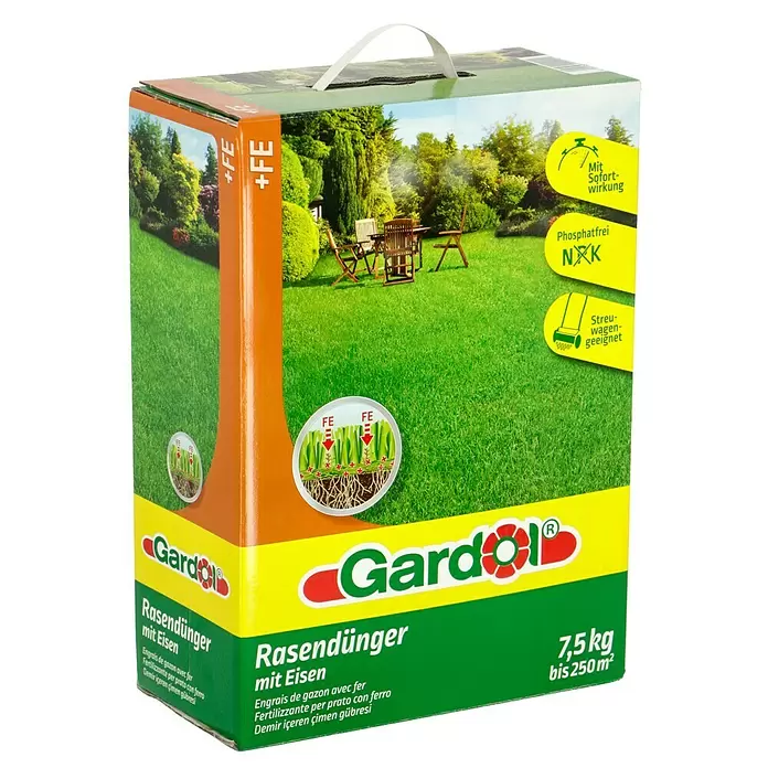 Gardol Rasendünger mit Eisen - 7,5 kg, Inhalt ausreichend für ca.: 250 m² - Diagonale Ansicht