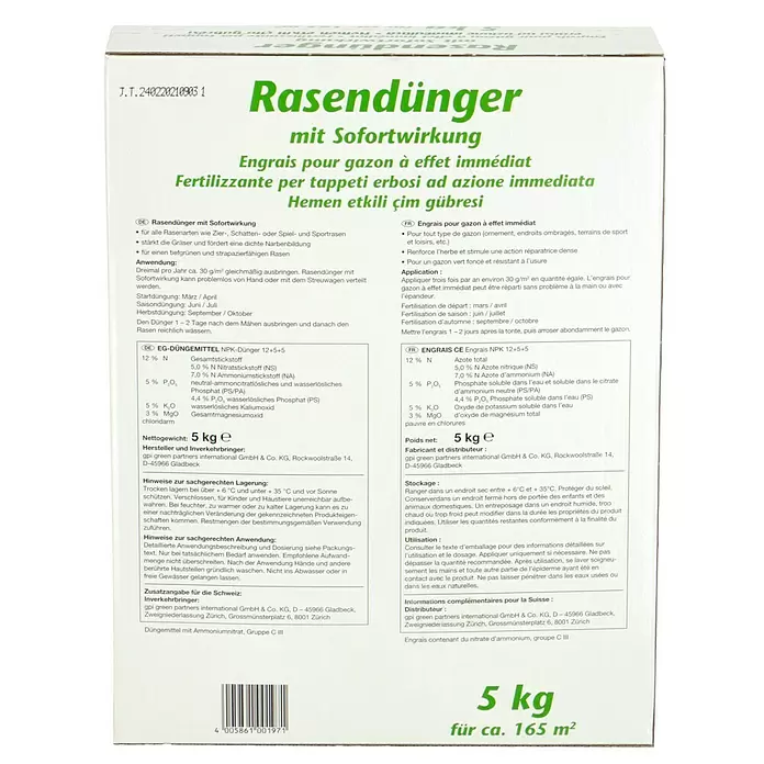 Rasendünger - Mit Sofortwirkung, 5 kg, Inhalt ausreichend für ca.: 160 m² - Rückansicht
