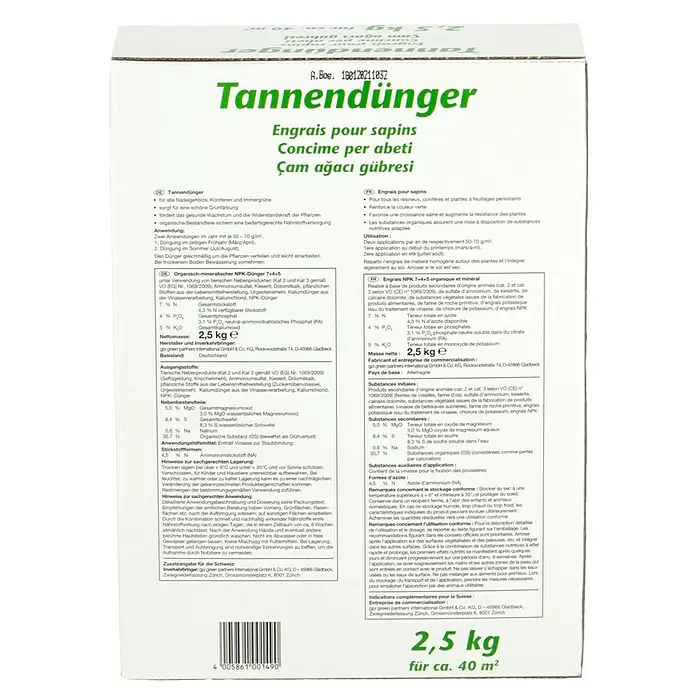 Tannendünger - 2,5 kg, Inhalt ausreichend für ca.: 40 m² - Rückansicht