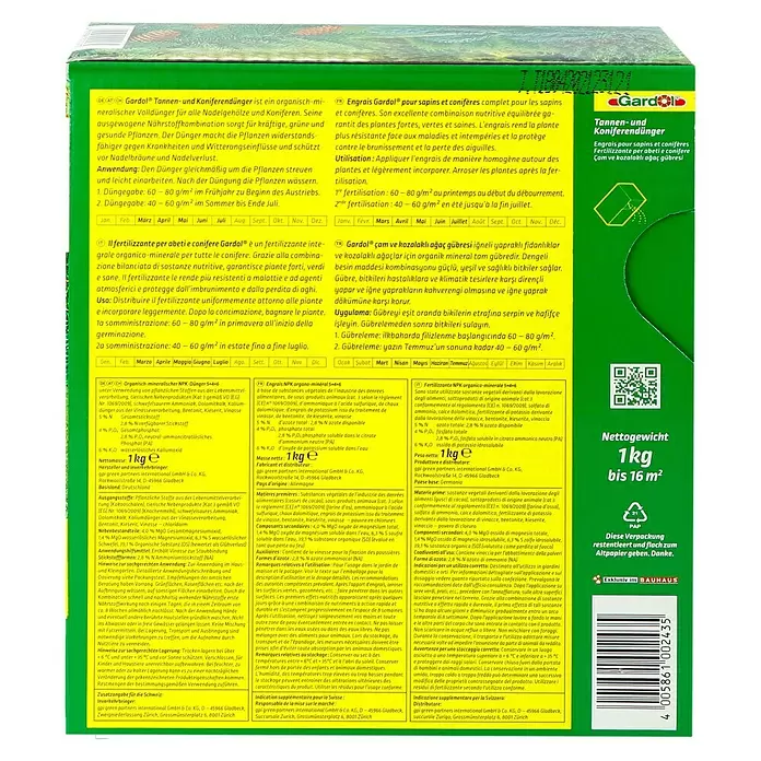 Gardol Tannen- & Koniferendünger - 1 kg, Inhalt ausreichend für ca.: 16 m² - Rückansicht