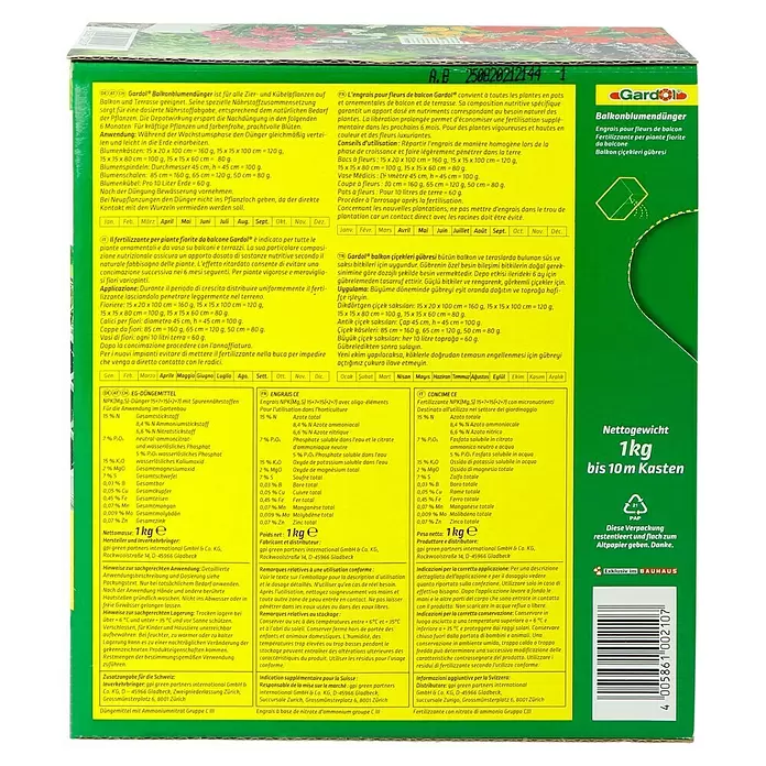 Gardol Balkonblumendünger - Mit Langzeitwirkung, 1 kg, Inhalt ausreichend für ca.: 10 m Balkonkasten - Rückansicht