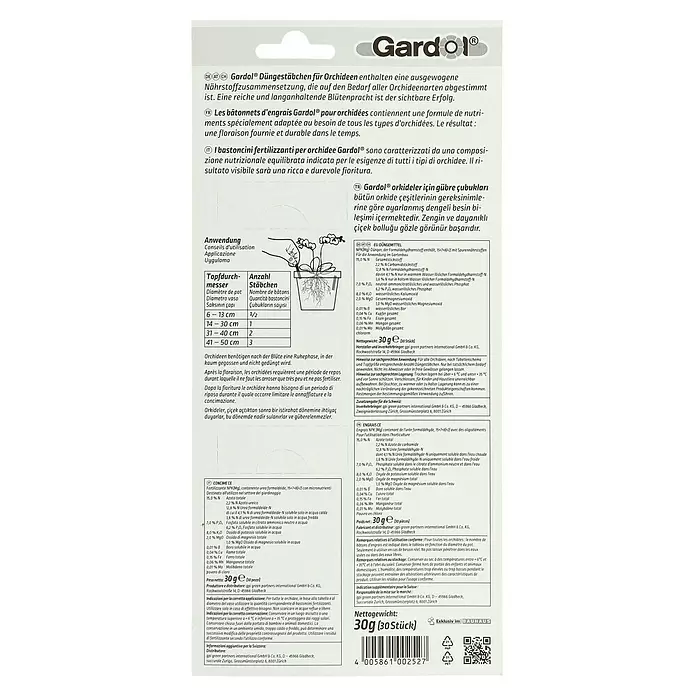 Gardol Orchideen-Düngerstäbchen - 30 Stk., Inhalt ausreichend für ca.: 30 Pflanzen - Rückansicht