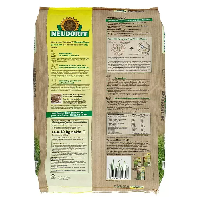 Neudorff Azet Rasendünger - 10 kg, Inhalt ausreichend für ca.: 200 m² - Rückansicht