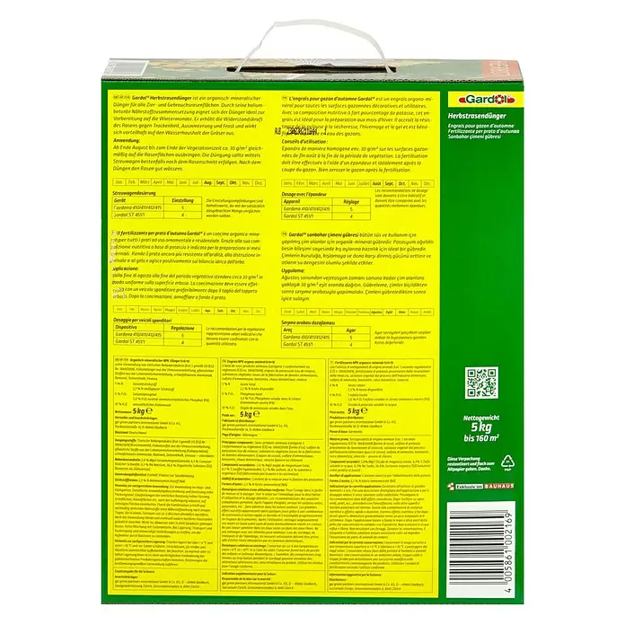 Gardol Herbstrasendünger - 5 kg, Inhalt ausreichend für ca.: 160 m² - Rückansicht