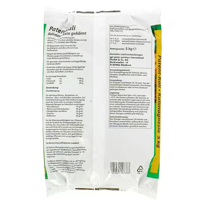 Patentkali - 5 kg, Inhalt ausreichend für ca.: 100 m² - Rückansicht