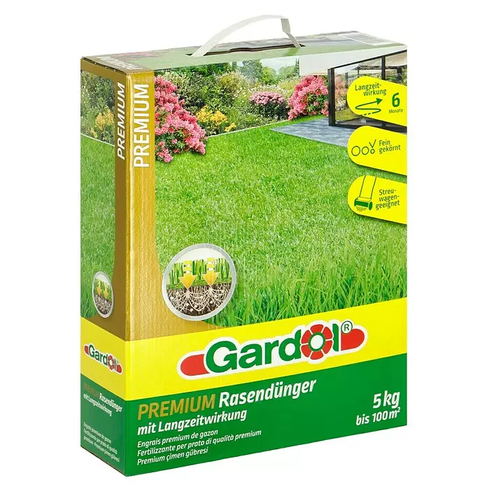 Gardol Rasendünger Premium - 5 kg, Inhalt ausreichend für ca.: 100 m² - Diagonale Ansicht