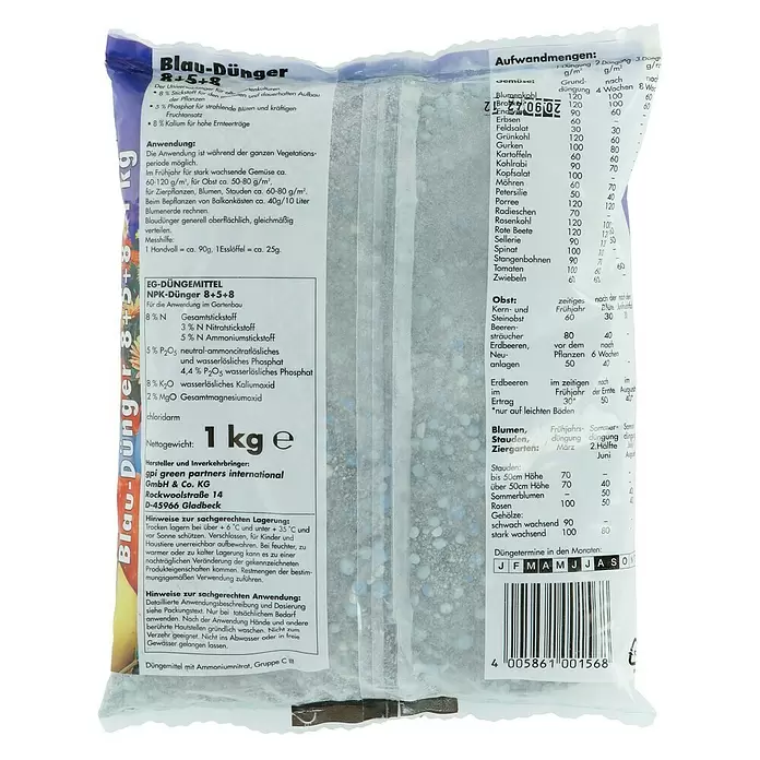 Blaudünger - 1 kg, Inhalt ausreichend für ca.: 15 m² - Rückansicht