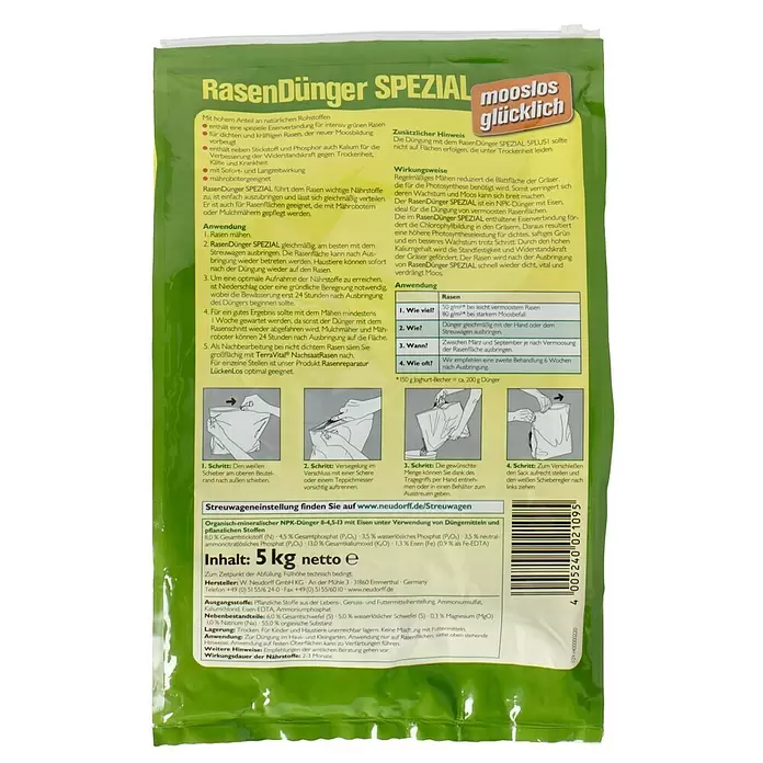 Neudorff Rasendünger Spezial Mooslos Glücklich - 5 kg - Rückansicht