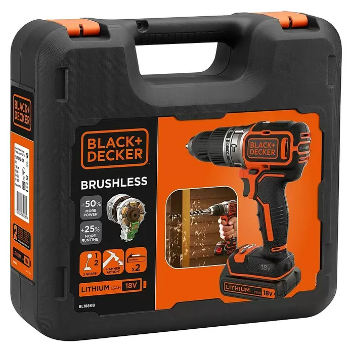 Black+Decker Akku-Schlagschrauber BL188KB-QW - 18 V, 2 Akkus, 1,5 Ah, Leerlaufdrehzahl: 0 U/min - 1.650 U/min - Diagonale Ansicht