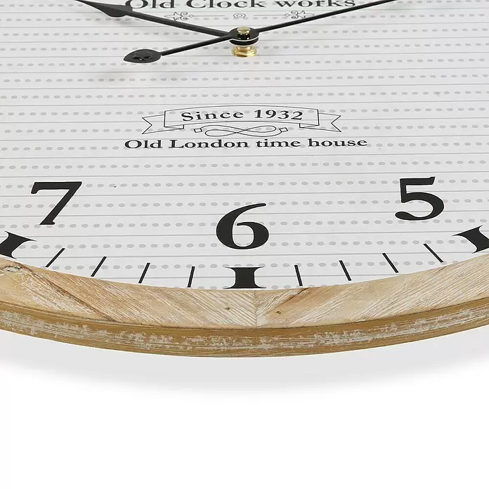 Reloj de pared redondo con correa - Blanco/Madera, Diámetro: 53 cm - Primer plano