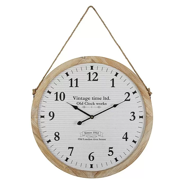 Reloj de pared redondo con correa - Blanco/Madera, Diámetro: 53 cm - Vista frontal