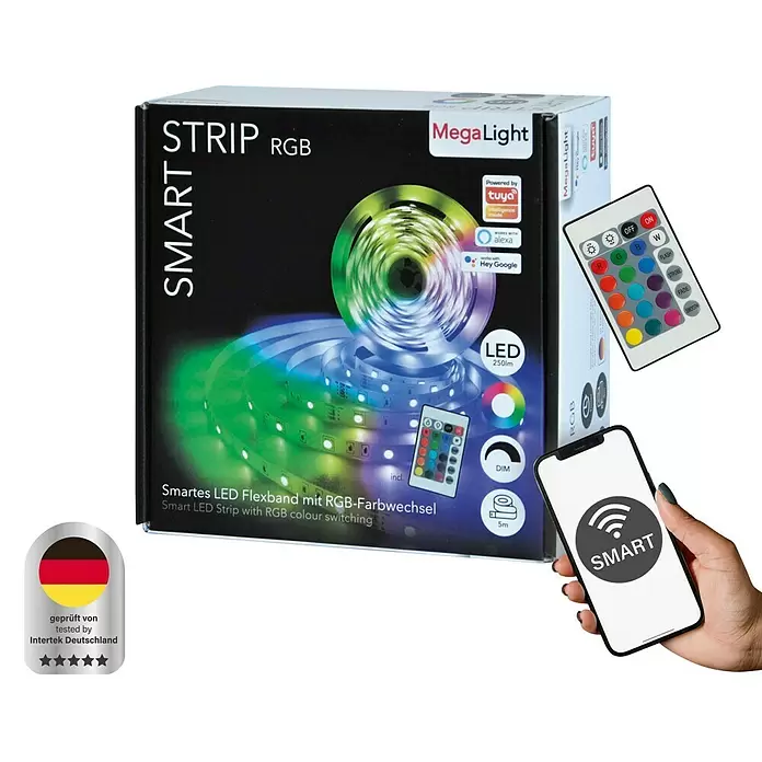 Smart-LED-Band MegaLight - 5 m, Farbwechsel, RGB, 24 W - Diagonale Ansicht