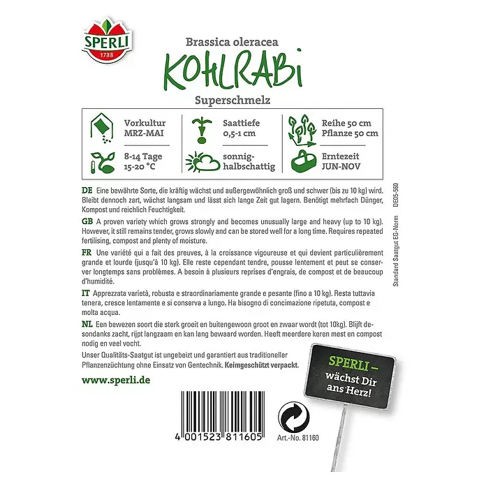 Sperli Gemüsesamen Kohlrabi - Superschmelz, Brassica oleracea, Erntezeit: Juni - Rückansicht