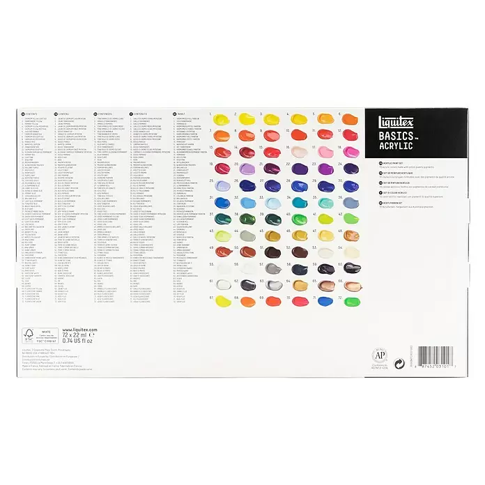 Liquitex Basics Acrylfarben-Set - Farbig sortiert, 72 Stk. x 22 ml, Tube - Rückansicht