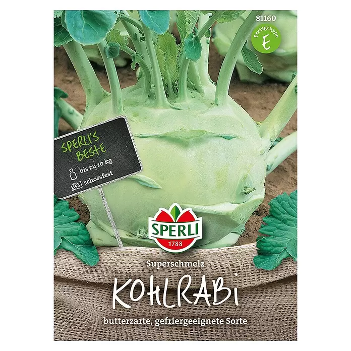 Sperli Gemüsesamen Kohlrabi - Superschmelz, Brassica oleracea, Erntezeit: Juni - Vorderansicht