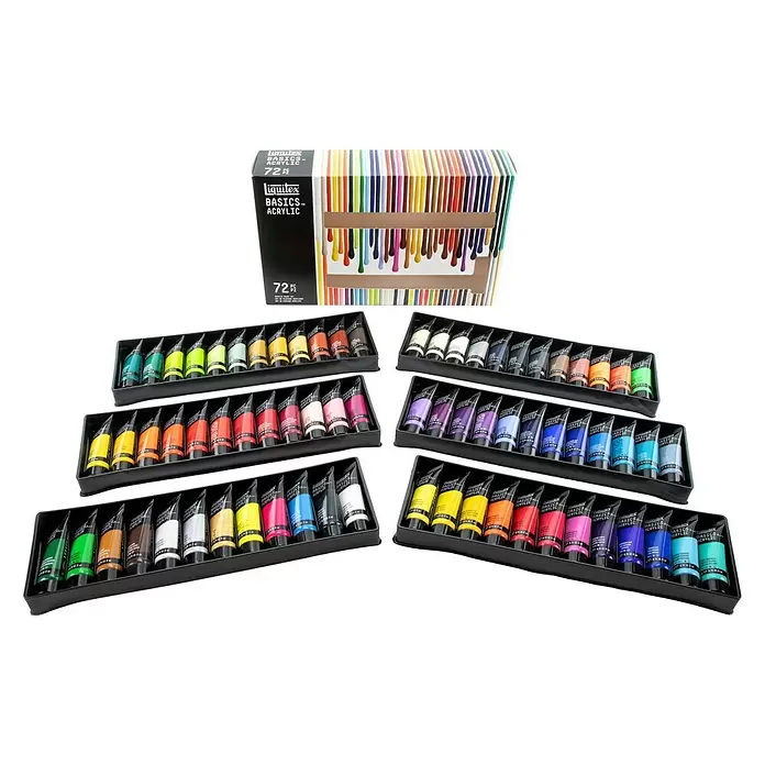 Liquitex Basics Acrylfarben-Set - Farbig sortiert, 72 Stk. x 22 ml, Tube - Diagonale Ansicht