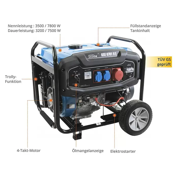 Güde Stromerzeuger GSE 8701 RS - 7.800 W, Tankvolumen: 25 l, Betriebsdauer: 6 h bei 100% Last - Anwendungsbeispiel