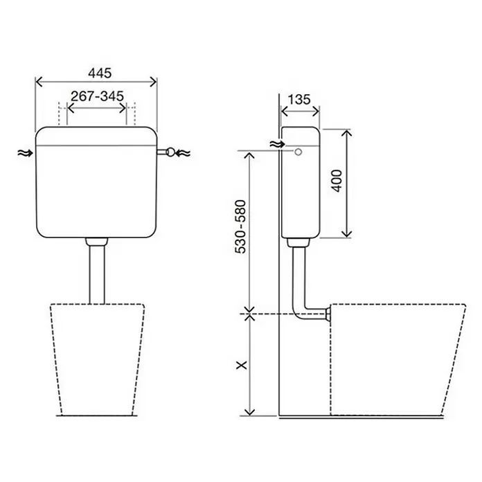 Spülkasten Aufputz Twin - Spülmenge: 6 - 9 l, Weiß, L x B x H: 451 x 146 x 456 mm - Skizze