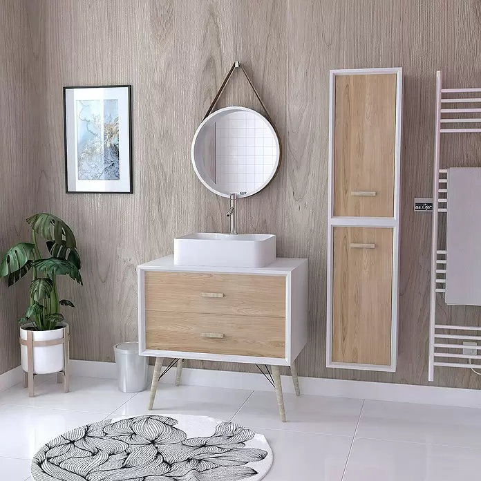 Conjunto de mueble de baño Fjord - 80 cm, 4 piezas, Blanco/Marrón, Mate - Foto ambiente
