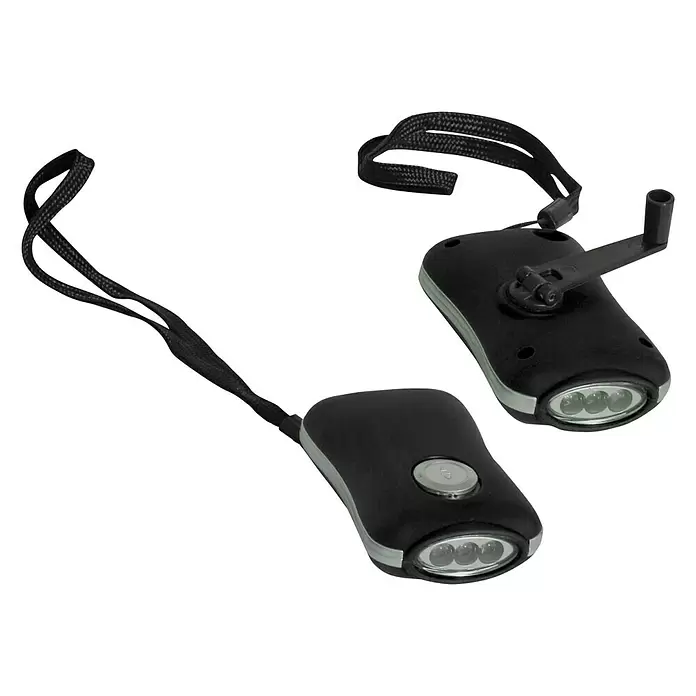 Kurbel-Taschenlampe - Dynamo-betrieben, LED, Kunststoff - Diagonale Ansicht