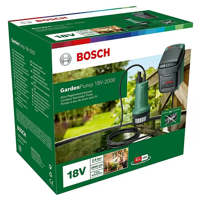 Bosch 18 V Power for All Akku-Regenfasspumpe GardenPump 18V-2000 - 18 V, Ohne Akku, Max. Fördermenge: 2.000 l/h - Diagonale Ansicht